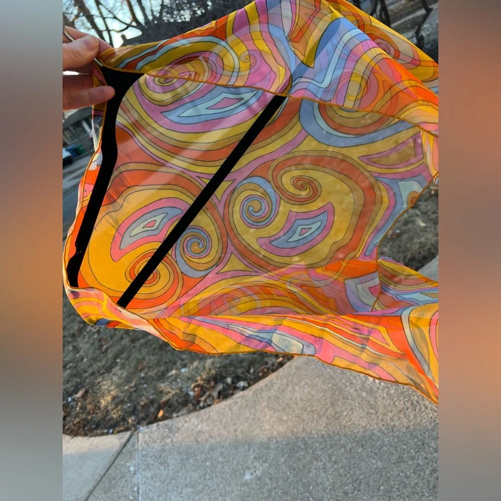 Sheer Paisley 1970s Mod Scarf /Ponytail Tie/Wrap Orange/Pink/Blue/Yellow 15βx44β - Picture 11 of 16